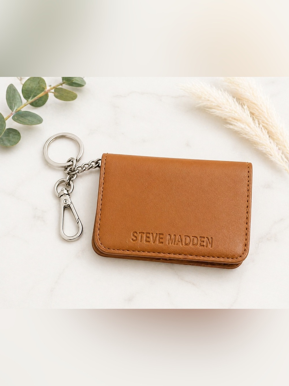 Steve Madden Brown Leather Key Card Holder with Keyring